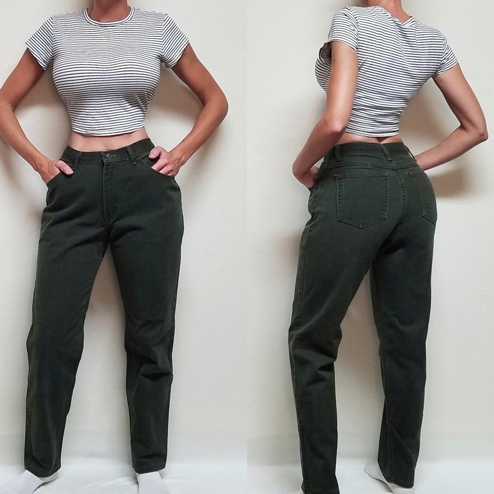 VINTAGE Wrangler Dark Olive Green Denim Jeans High Waisted Tapered Leg Cotton